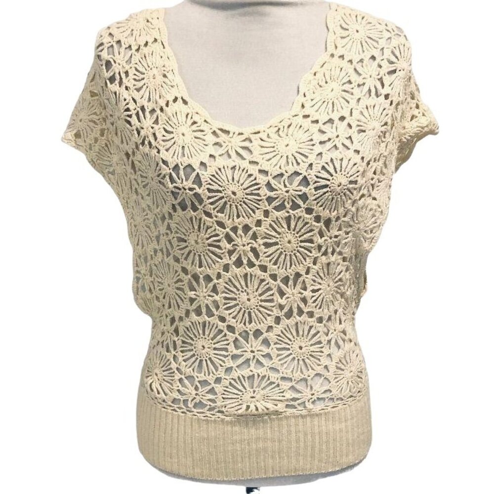 Paper Doll Crochet Short Sleeve Top Cream Beige Small